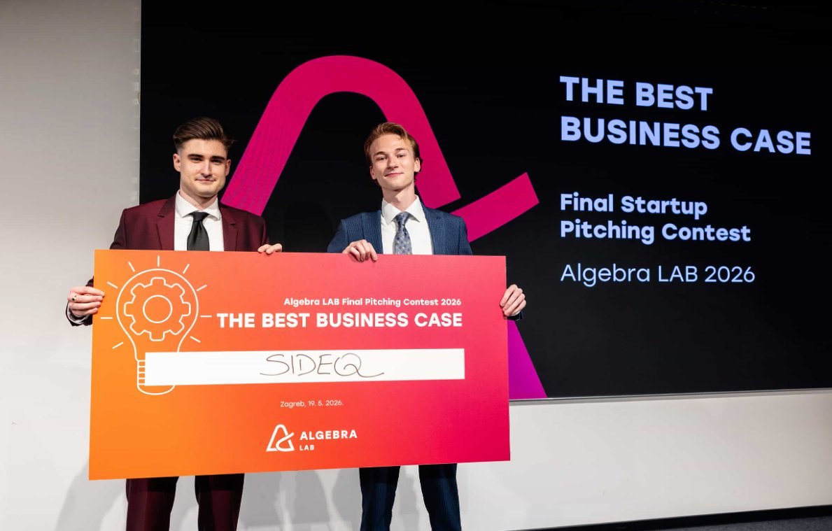 SIDEQ founders Miles and Noa winning Best Business Case at the Algebra LAB Final Startup Pitching Contest 2026 in Zagreb