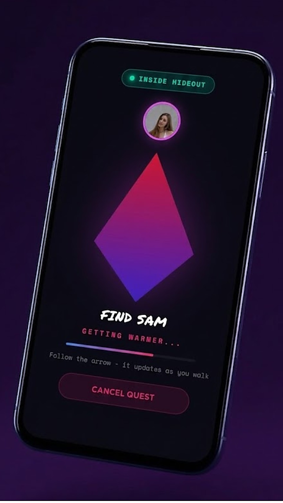 SIDEQ meet-someone-new feature with a hot-cold arrow guiding you