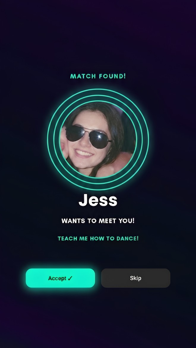 SIDEQ match found screen showing Jess wants to meet you