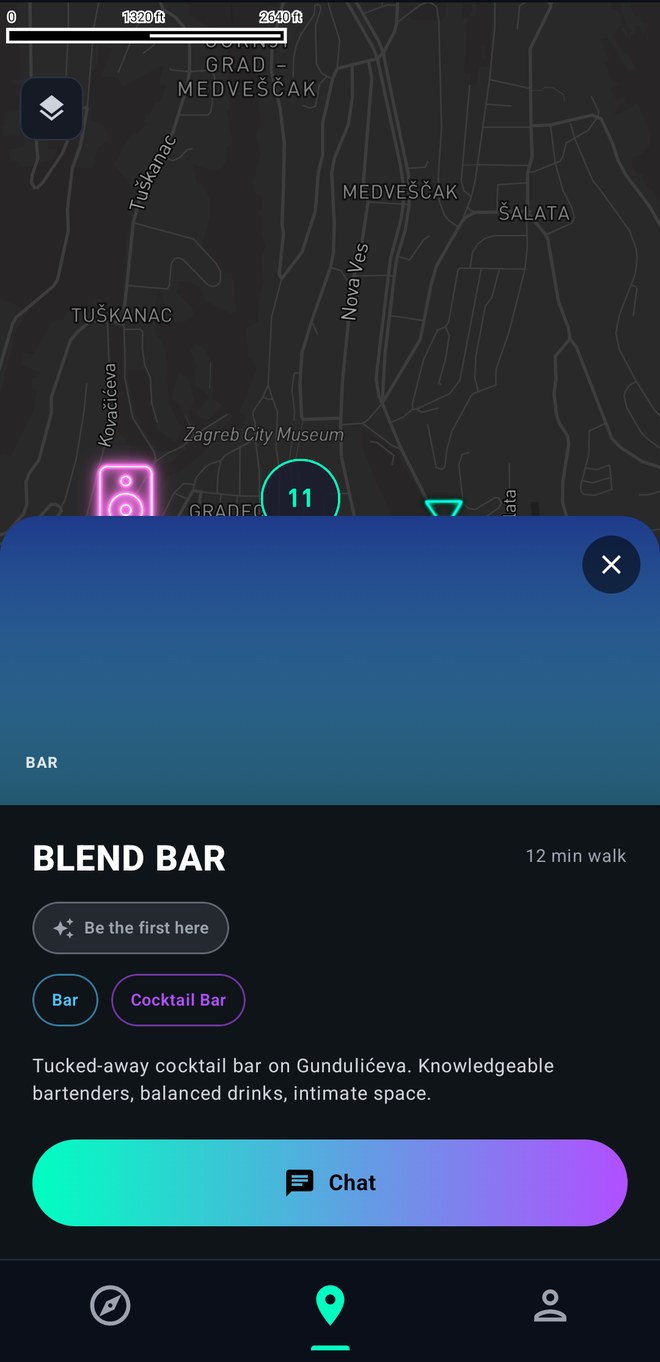 SIDEQ venue card showing Blend Bar with tags, walk time and a chat button